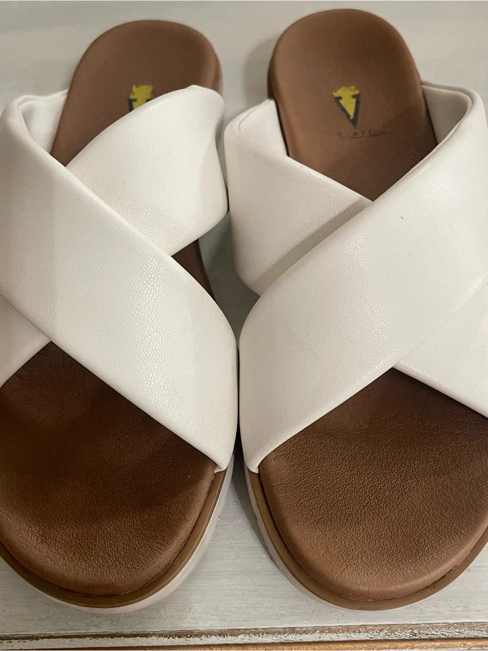 Volatile White Crossband Slide Sandals with Brown Footbed